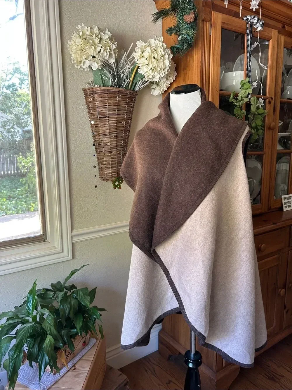 Reversible Brown and Cream Shawl-Collar Wrap